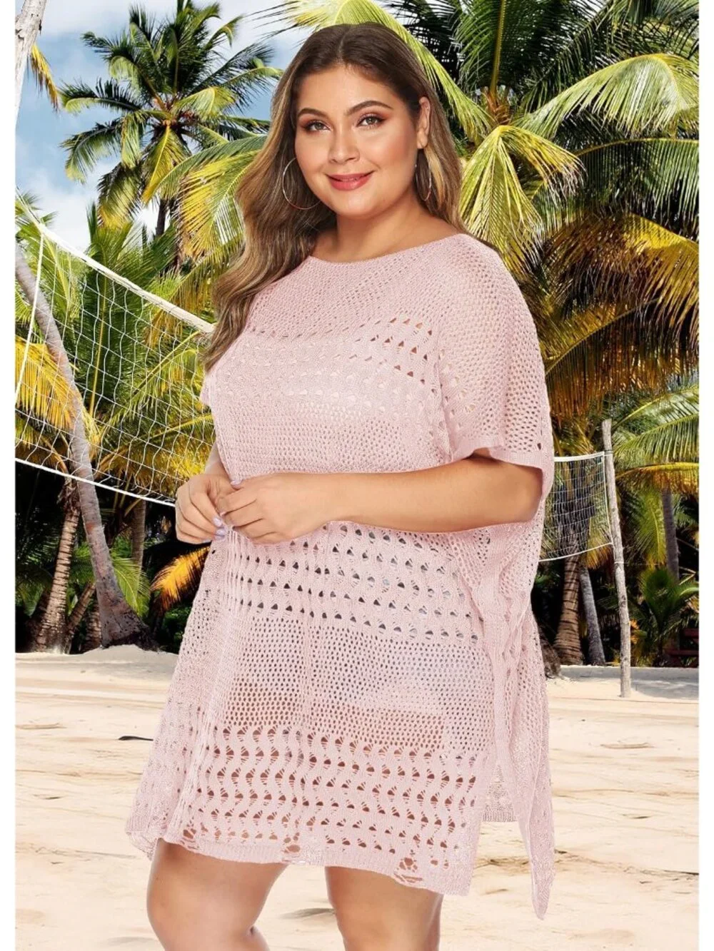 Women's I Hollow Pink Polyester One Size Crochet Summer Swimsuit Coverup Dress